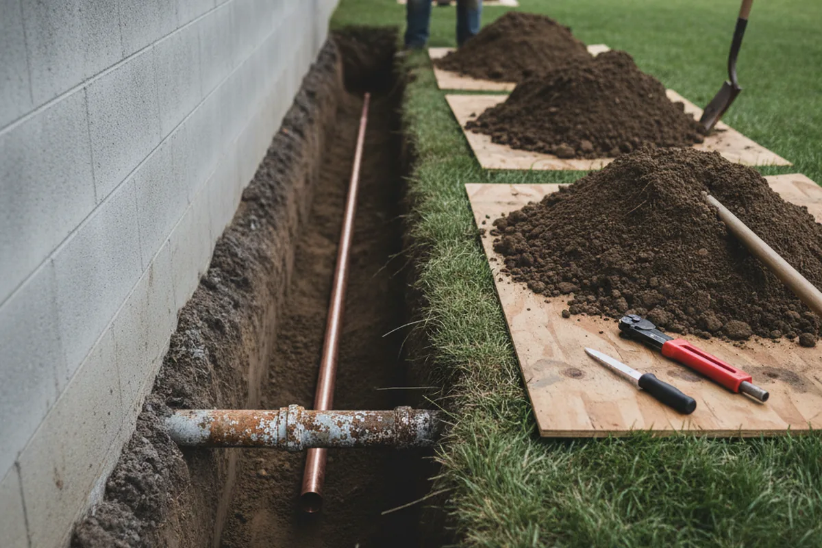 Excavated water line trench during Sewer Line Repair in Macomb